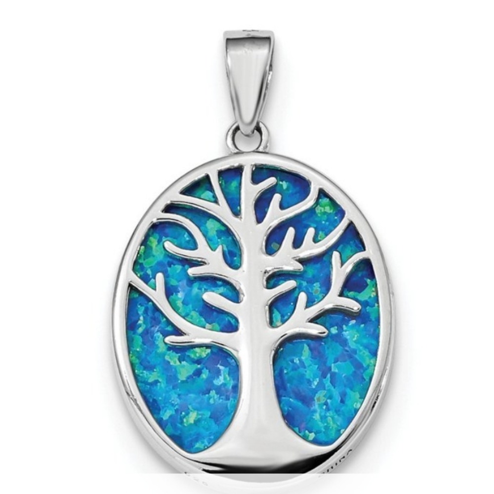 NWT Sterling Silver Rhodium-plated Simulated Opal Tree Of Life Pendant & chain
